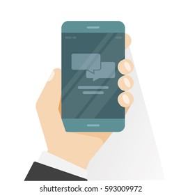 Smartphone in hand showing chatting app vector illustration, flat style black mobile phone with chat bubble speeches notifications isolated on white background