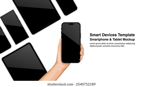 Smartphone in Hand with Smart Devices Background. Mobile and Tablet Technology Banner.  Vector Illustration.