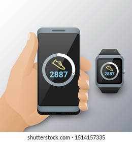 Smartphone in hand and smart watch with counting steps app. Walk steps counter app on cellphone and fitness tracker screen
