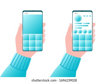 Smartphone in hand with social mobile application. Stories screen, interface, photo, frame design, social media network, post. Vector mockup template illustration