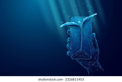 Smartphone in a Hand and Sprout. Abstract Online Smart Farming Concept. Digital Mobile Phone and Growing Seed on Dark Blue Background. Low Poly Wireframe Vector Illustration with 3D Effect.