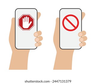 Smartphone en la mano con señal de advertencia de parada en el icono de la pantalla