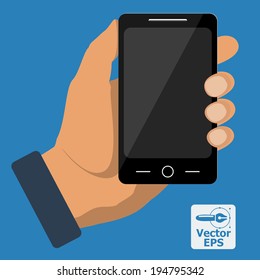Smartphone in hand template for web and mobile applications. Vector.