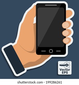 Smartphone in hand template for web and mobile applications. Vector.