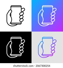 Smartphone in hand thin line icon. Modern vector illustration.