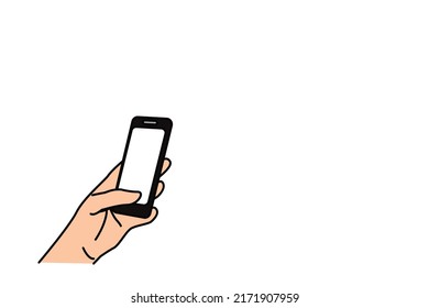 Smartphone in hand with thumb pressing blank screen, Vector illustration isolated on white background