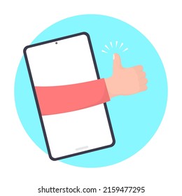 Smartphone with hand and thumbs up on blue circle background. Light skin tone. Flat design style illustration.