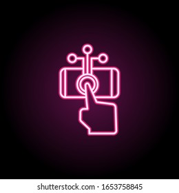 Smartphone, mano, tacto, gestos icono neón. Línea delgada simple, contorno vectorial tacto iconos gestos para ui y ux, sitio web o aplicación móvil