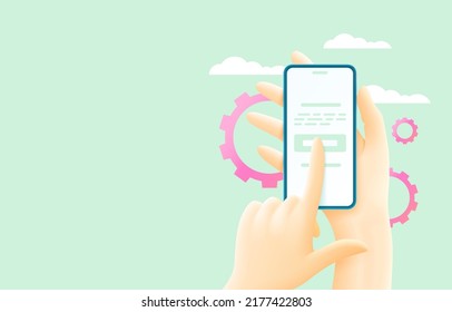 smartphone in hand, touch screen, web banner. Vector illustration