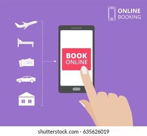 Smartphone with hand touching book button on screen. Online booking design concept for mobile phone: hotel, flight, car, tickets.