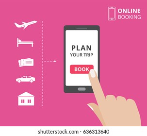 Smartphone with hand touching book button on screen. Online booking design elements: hotel, flight, car, tickets. Plan a trip concept for mobile phone. 