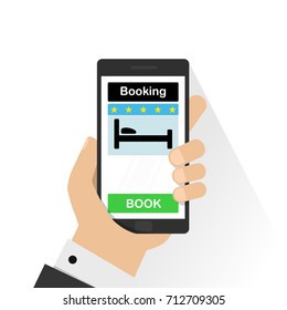 Smartphone with hand touching book button on screen. Online booking design concept for mobile phone: hotel, flight, car, tickets, vector