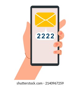 Smartphone in hand. Two-factor authentication. A message with a code. Vector illustration in a flat style.