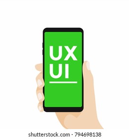 Smartphone in hand with UX/UI text. vector