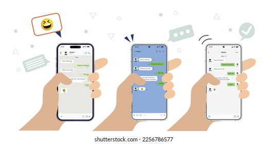 Smartphone in hand. Vector chatting screen in mobile communication illustration. Chat app template. Modern realistic white and black smartphone. Social network concept. Vector.