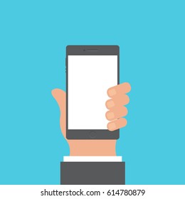 Smartphone and hand vector concept. Phone with hand in modern flat style.  