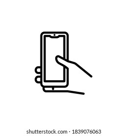 Smartphone in hand vector icon. Communication icon. Mobile phone. For business, social media, freelance. Minimalist line art.