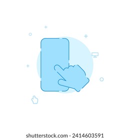 Smartphone with hand vector icon. Flat illustration. Filled line style. Blue monochrome design. Editable stroke. Adjust line weight.