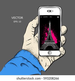 Smartphone in hand. Vector illustration of Eiffel Tower displayed on the phone screen. Abstract theme of travel