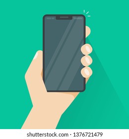 Smartphone in hand vector illustration, flat cartoon hand holding mobile phone or cellphone modern isolated  