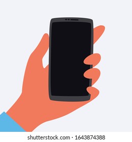 Smartphone in hand, vector illustration isolated on white background.