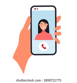 Smartphone in hand vector illustration isolated on white background. Hand holding phone. Video call with loved one.  Online dating. Communication concept.