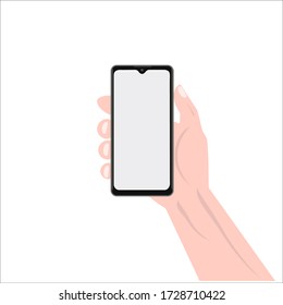 Smartphone in hand vector mockup isolated on white background.
