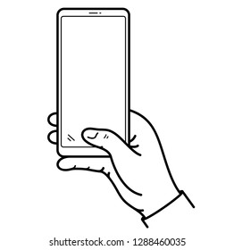 Smartphone in hand. Vector outline icon isolated on white background.