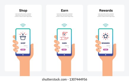 Smartphone Hand Vectors - Shop, Earn, Rewards, New And Modern Trends. Can Use For Marketing and Promotion, Web, Mobile, Infographics, Editorial, Commercial Use And Others. Vector. 