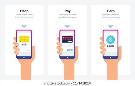 Smartphone Hand Vectors - Shop, Pay, Earn Concept, New And Modern Trends. Can Use For Marketing and Promotion, Web, Mobile, Infographics, Editorial, Commercial Use And Others. Vector.