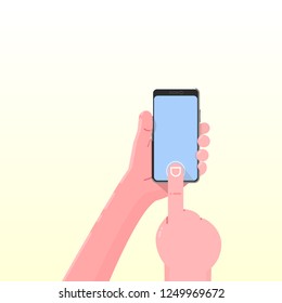 Smartphone hand voice assistant. Modern flat illustration with smartphone hand on white background. Mobile phone. Smartphone icon vector illustration.