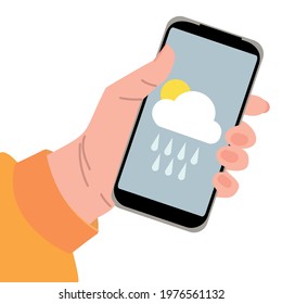 Smartphone in hand with the weather forecast. Mobile phone cloudy. Mobile phone, sms from a loved one, device, template for a real application. Flat style, vector illustration. 