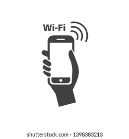 Smartphone in hand and  Wi-Fi line icon - Vector