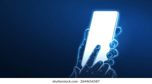 Smartphone em mãos. Abstrato poligonal wireframe close-up celular com branco branco tela vazia em segurar a mão do homem e dedos. Conceito de smartphone de aplicativo de comunicação. Modelo