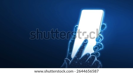 Smartphone in hands. Abstract polygonal wireframe closeup mobile phone with blank white empty screen in holding man hand and fingers. Communication app smartphone concept. Mockup