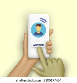 Smartphone in hands with answer button in 3d cartoon minimal style. Vector illustration.