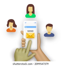 Smartphone in hands with email envelope. Sending email to multiple people in 3d cartoon style. Vector illustration.