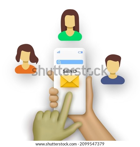 Smartphone in hands with email envelope. Sending email to multiple people in 3d cartoon style. Vector illustration.