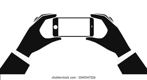 Smartphone in hands isolated on white background. Man's hand holding a  phone in hand. Realistic template. Simple design cartoon icon and logo. Flat style vector illustration.