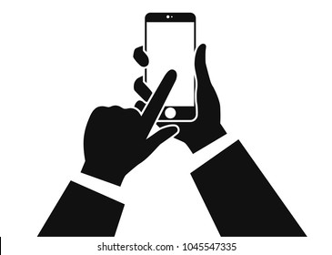 Smartphone in hands isolated on white background. Man's hand holding a  phone in hand. Realistic template. Simple design cartoon icon and logo. Flat style vector illustration.