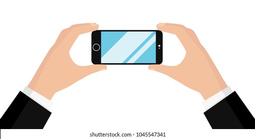 Smartphone in hands isolated on white background. Man's hand holding a  phone in hand. Realistic template. Simple design cartoon icon and logo. Flat style vector illustration.