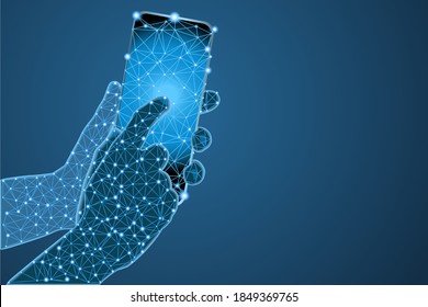 Smartphone in Händen Low-Poly-Wireframe und Lichter