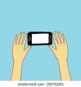 Smartphone in hands on a blue background.