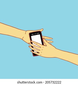 Smartphone in hands on a blue background.