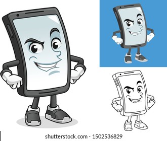 Smartphone with Hands on Hips Cartoon Character Mascot Illustration, Including Flat and Black and White Designs, Vector Illustration, in Isolated White Background.