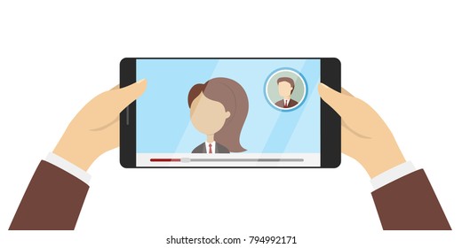 Smartphone in hands. People on the screen. Online call.