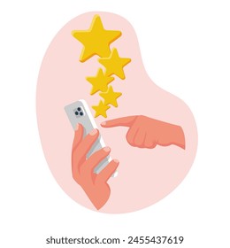 Smartphone in hands with rating. Feedback concept. Evaluation. Vector illustration flat design. Isolated on background. The client rates the service.