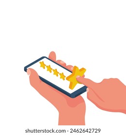Smartphone in den Händen mit Bewertung. Rückmeldung. Bewertung. isometrisches Design der Vektorillustration. Isoliert im Hintergrund. Der Kunde bewertet den Dienst.
