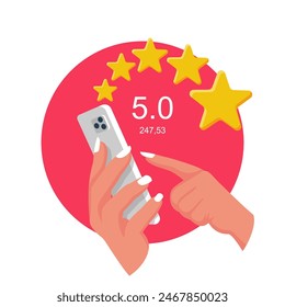 Smartphone en manos con calificación. Concepto de Comentarios. Evaluación. Diseño plano de Ilustración vectorial. Aislado en el fondo. El cliente califica el servicio.