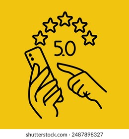 Smartphone in hands with rating. Feedback concept. Evaluation. Vector illustration flat style. Minimal black line design. Isolated on background. The client rates the service.